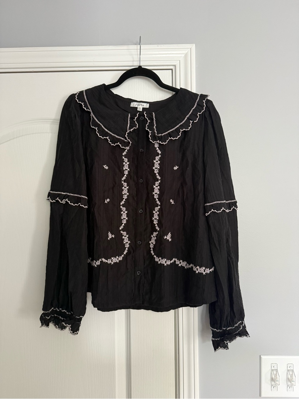 Forte Woven Black Embroidered Button-Front Top